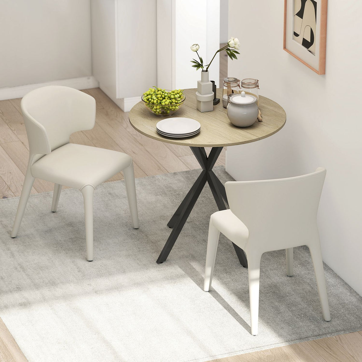 Runt köksbord, 80 cm, kompakt bordsskiva, spånskiva, metall, vit ek+svart