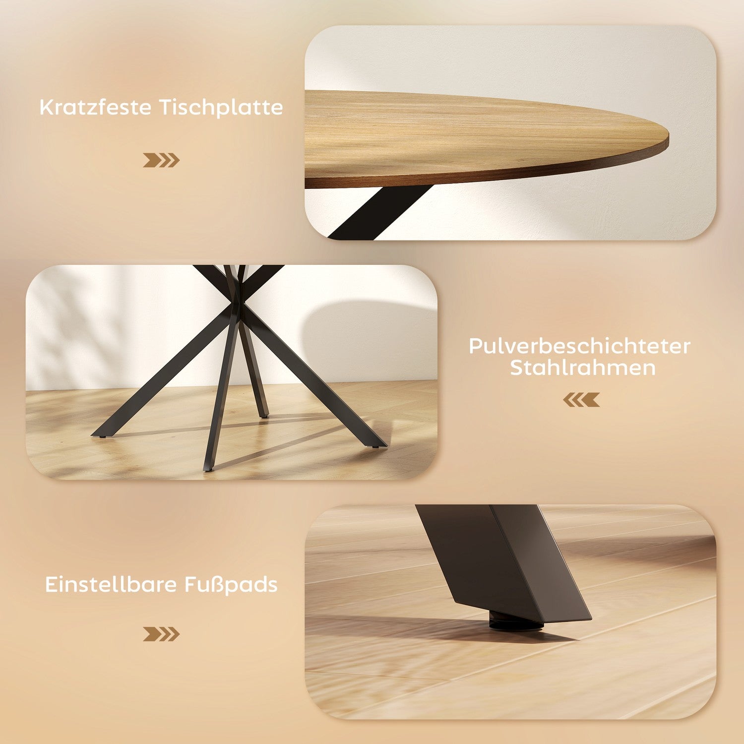 Runt matbord för 4 personer, köksbord i industriell stil med stålben, för matsal, kök, ek