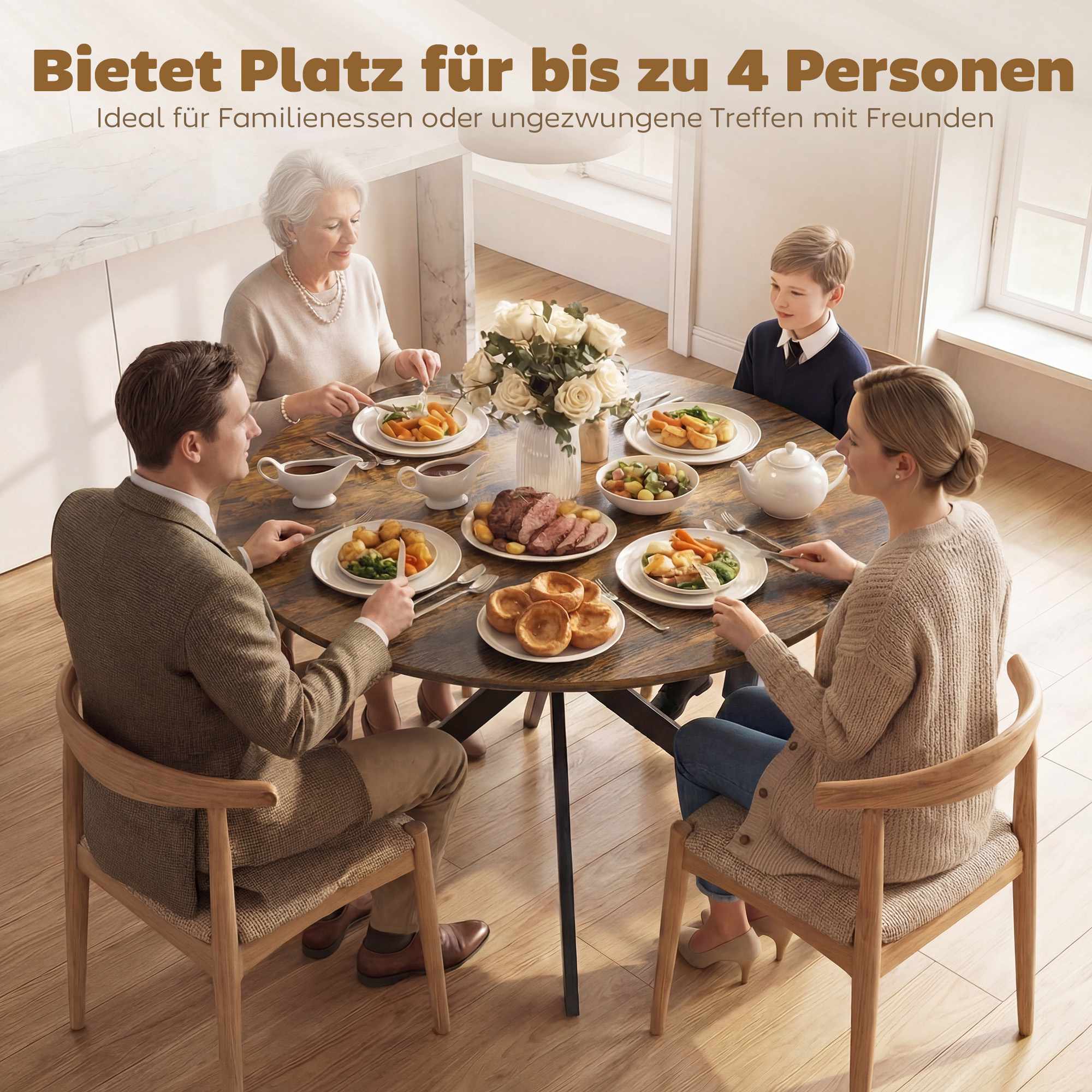 Runt matbord, träliknande, plats för 4, justerbara fötter