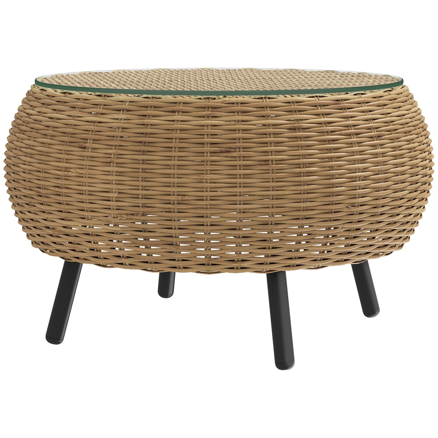 Runt soffbord i polyrattan med glasskiva – Ø75 x 42 cm