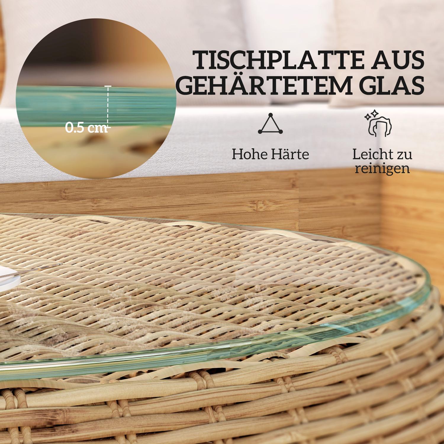 Runt soffbord i polyrattan med glasskiva – Ø75 x 42 cm