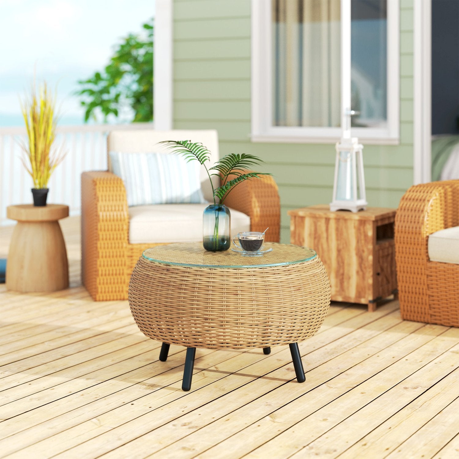 Runt soffbord i polyrattan med glasskiva – Ø75 x 42 cm
