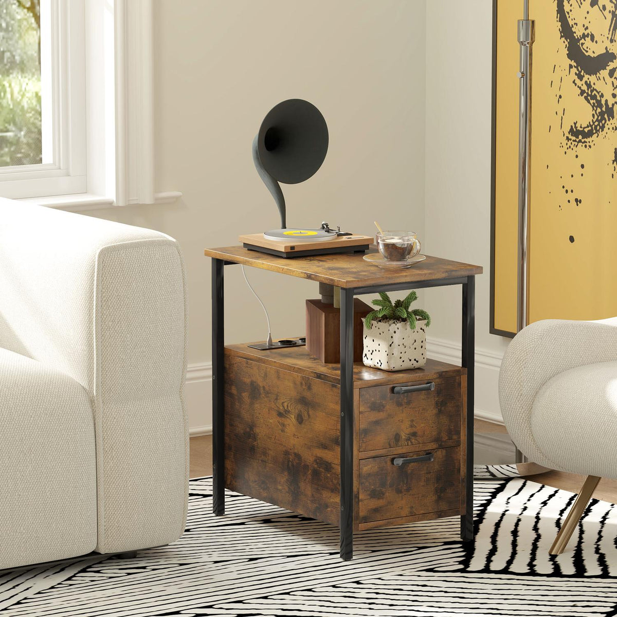 Table d'appoint marron rustique avec station de charge et rangement