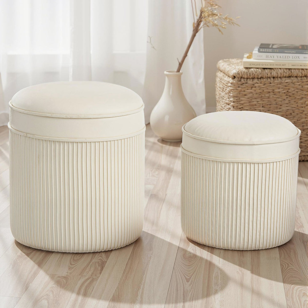 Set med 2 förvaringsfotpallar, rund sammet, krämfärgad, 36x36x41,5 cm