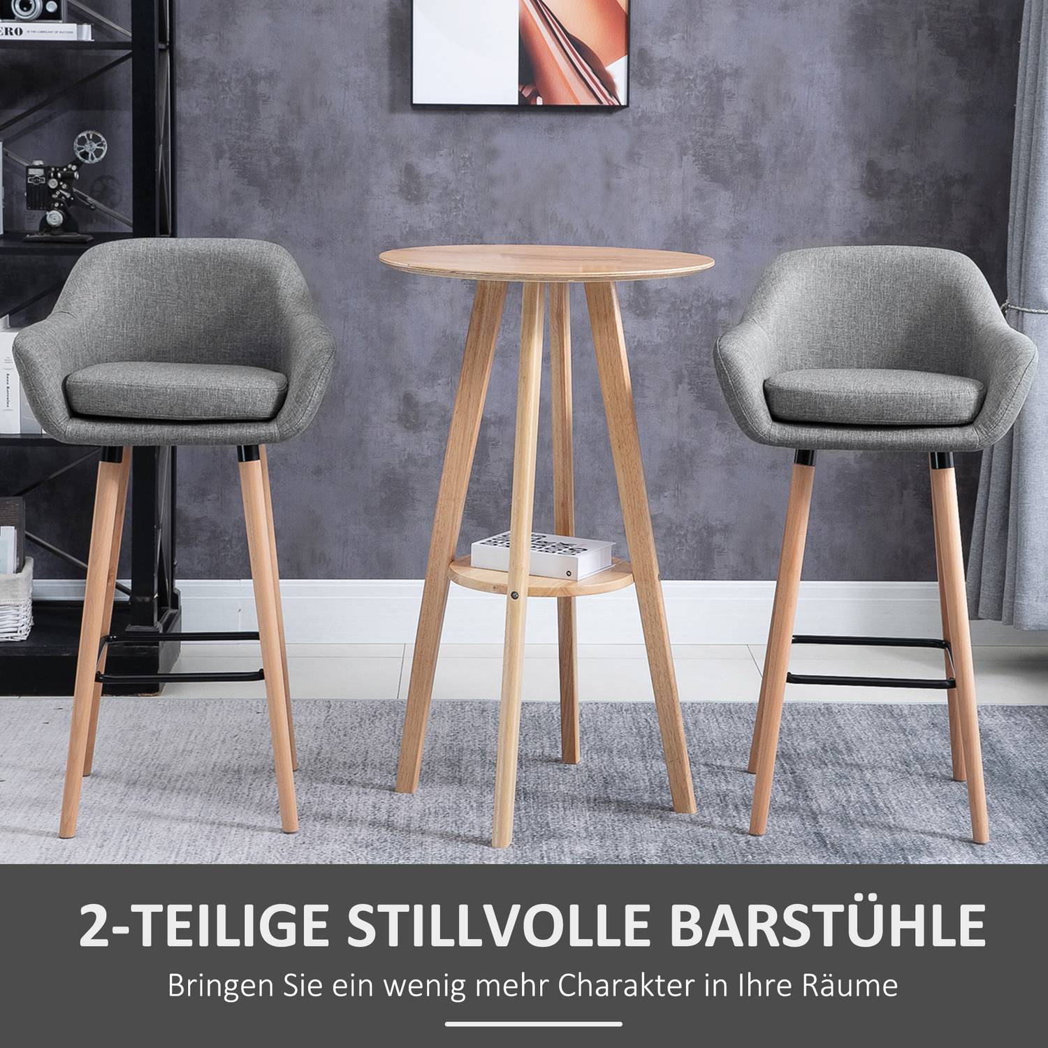 Set med 2 grå barstolar, linnekuddar, fotstöd