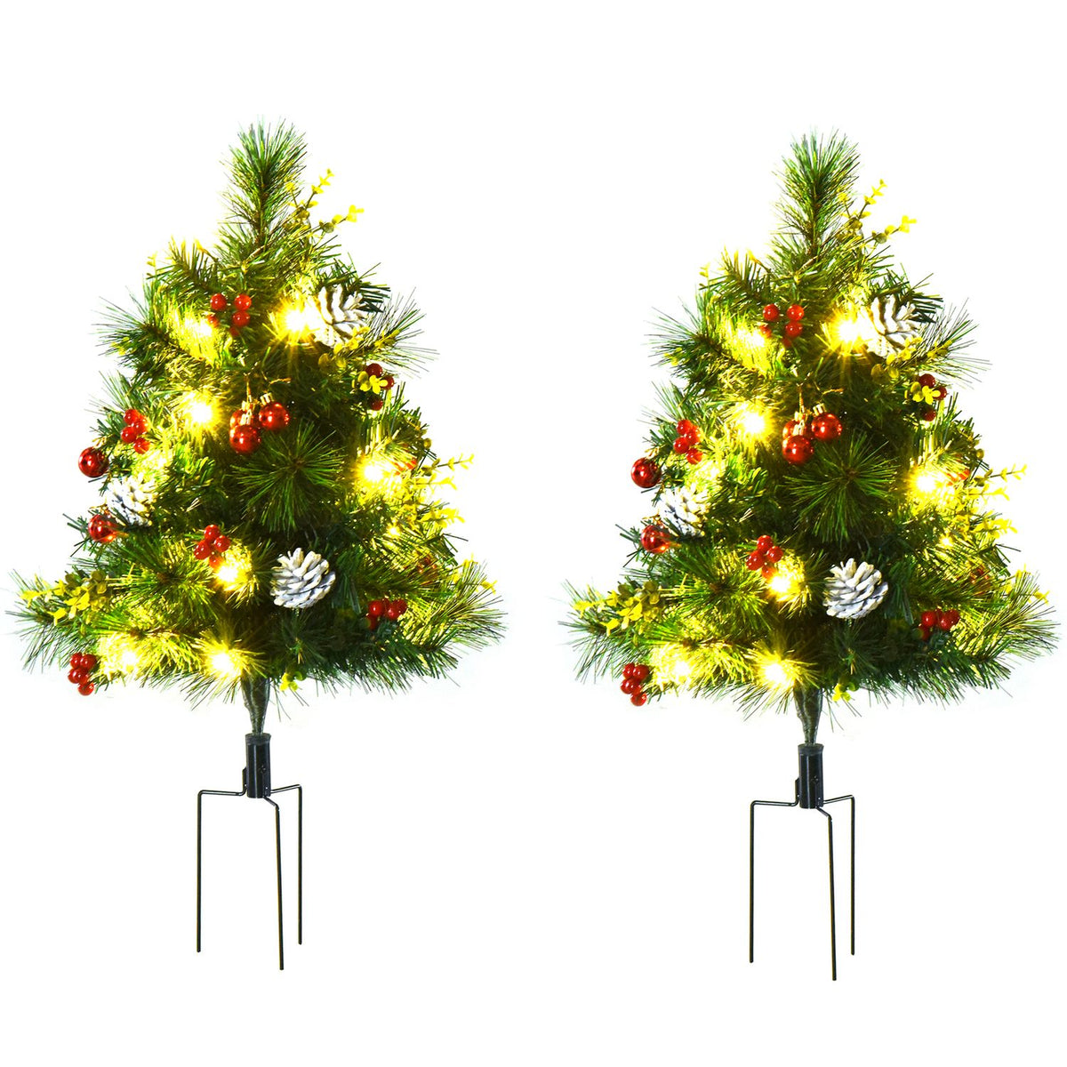 Set med 2 minijulgranar med kottar och LED-lampor