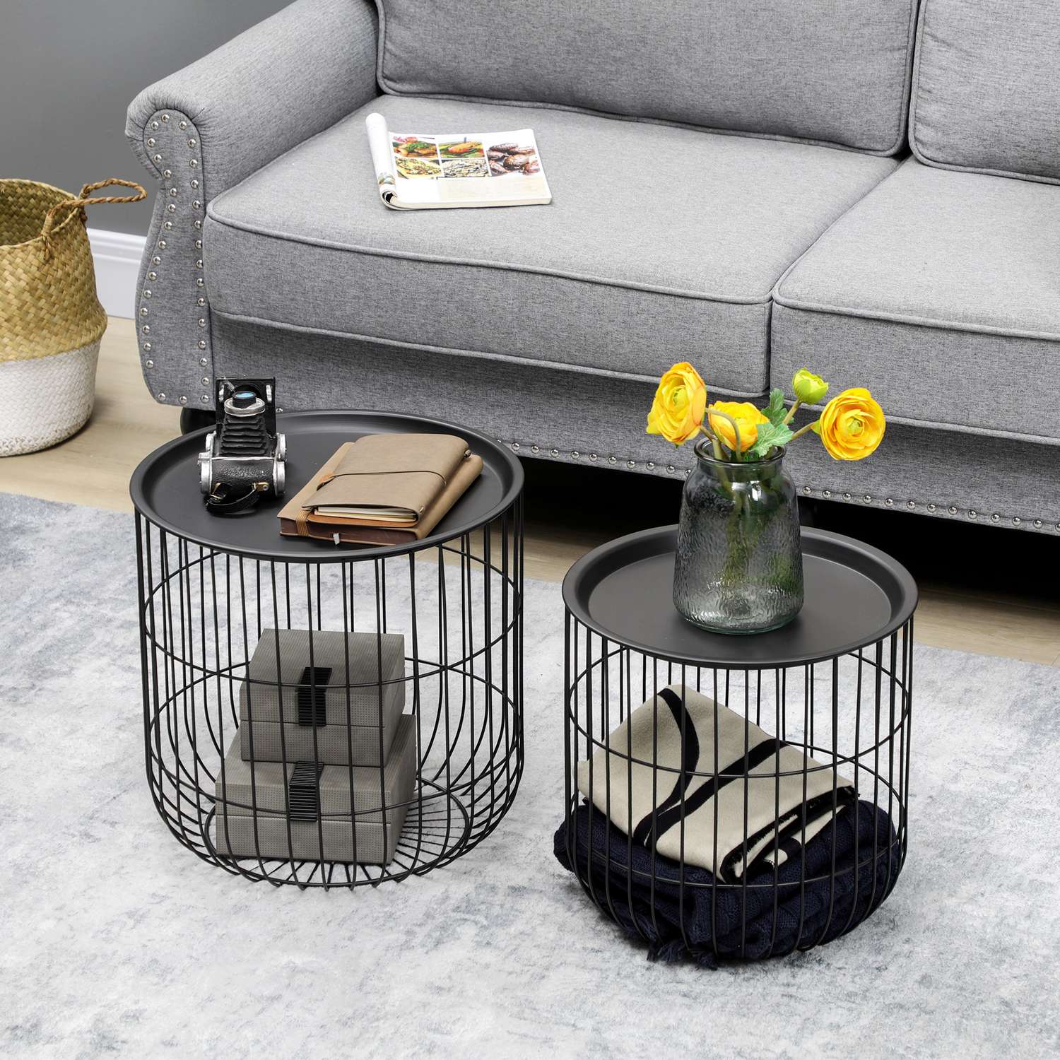 Set med 2 soffbord i svart stål med förvaring