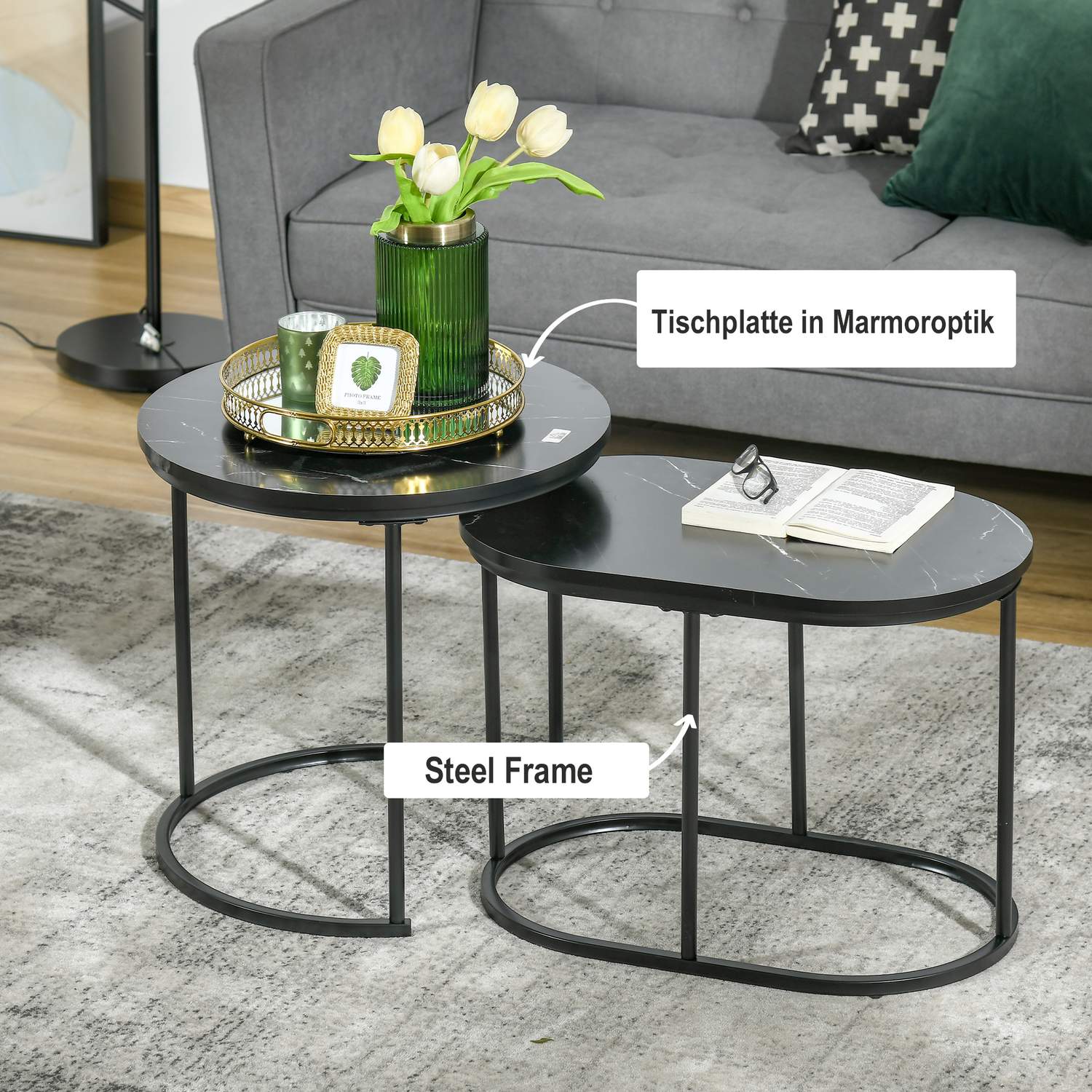 Set med 2 stapelbara runda soffbord, fuskmarmor, svart