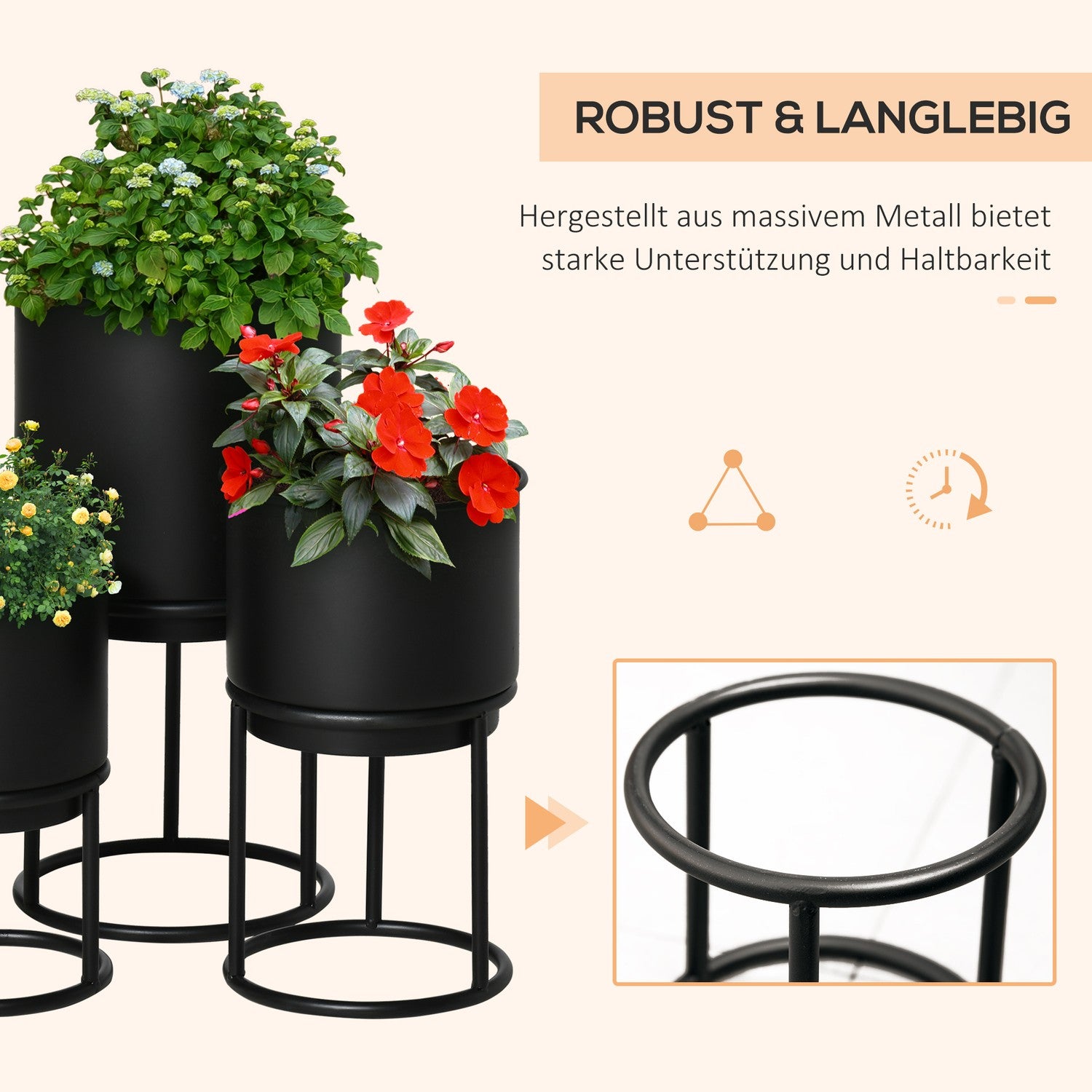Set med 3 svarta stapelbara blomsterställ med krukor