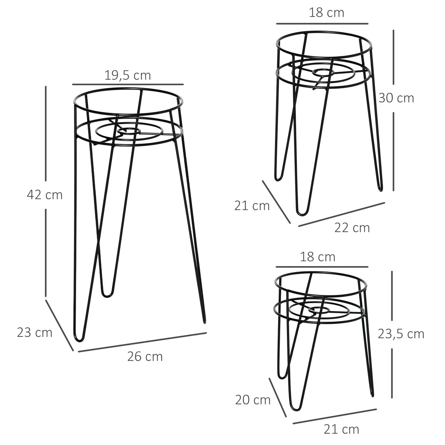 Set med 3 växtställ i svart metall för 16 cm krukor
