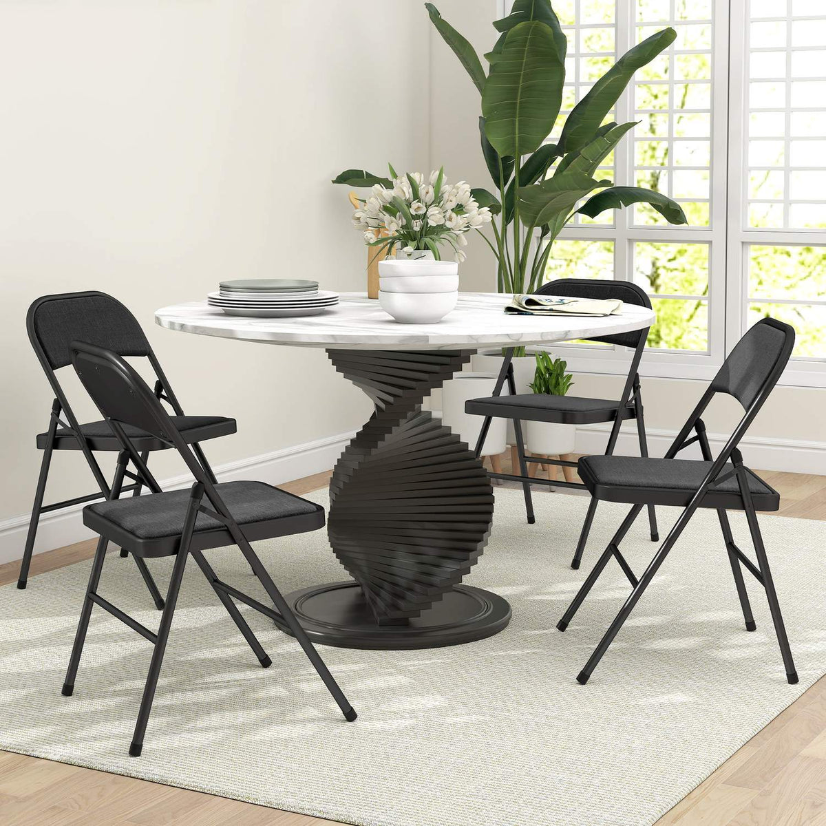 Set med 4 hopfällbara stolar, bärbara kontorsstolar, metallben, hopfällbar stol för kontor, reception, väntrum, linnelook, svart