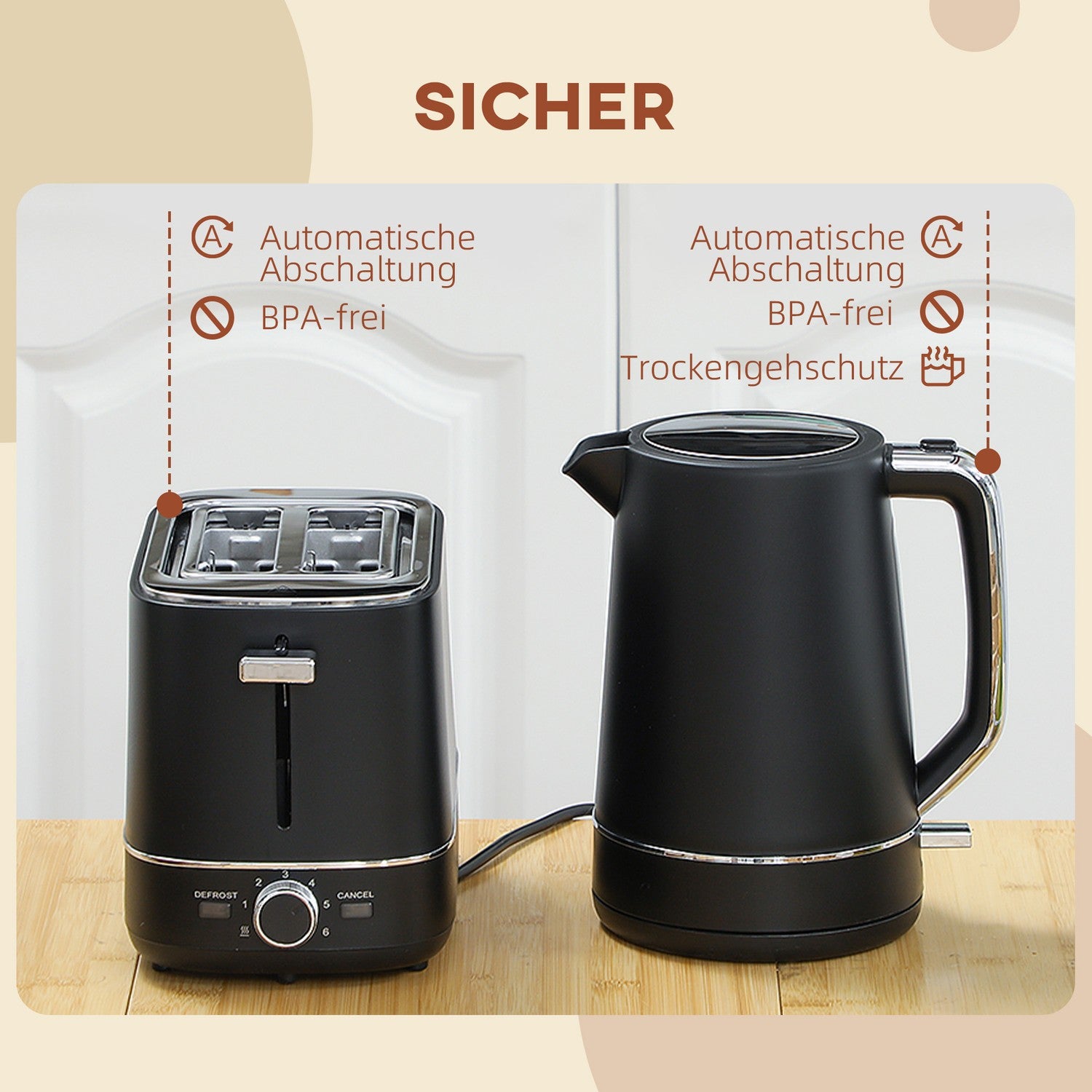 Set med vattenkokare och brödrost – 2200W, 1,7L, 6-nivåer Browning, svart