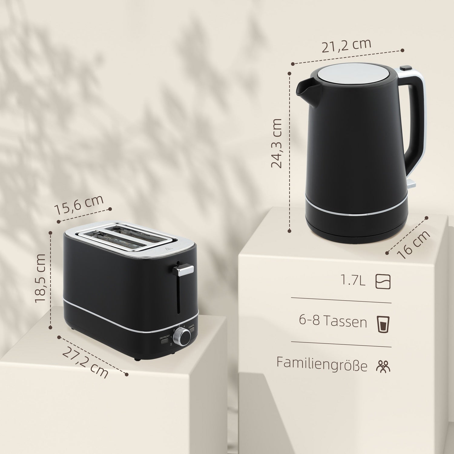 Set med vattenkokare och brödrost – 2200W, 1,7L, 6-nivåer Browning, svart