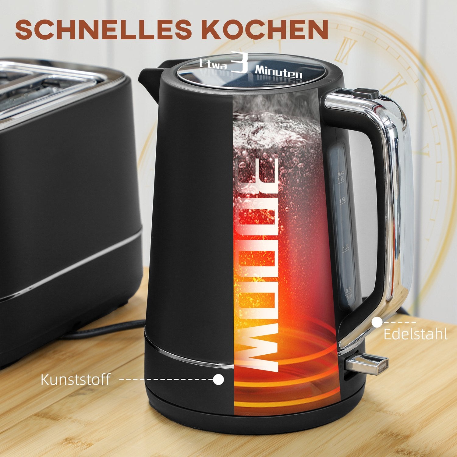 Set med vattenkokare och brödrost – 2200W, 1,7L, 6-nivåer Browning, svart