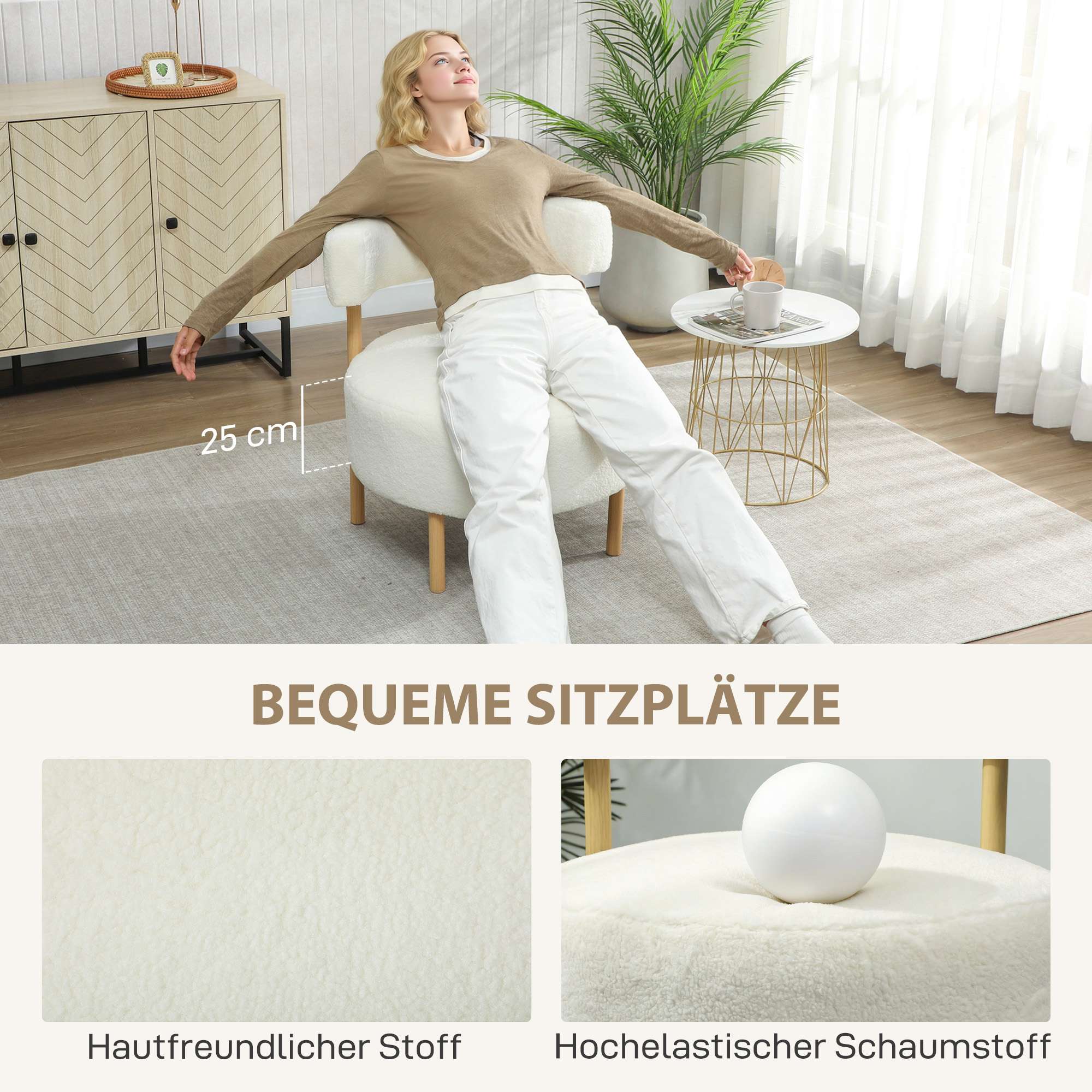 Sherpa-fleece fåtölj, metallben med träliknande utseende, krämvit