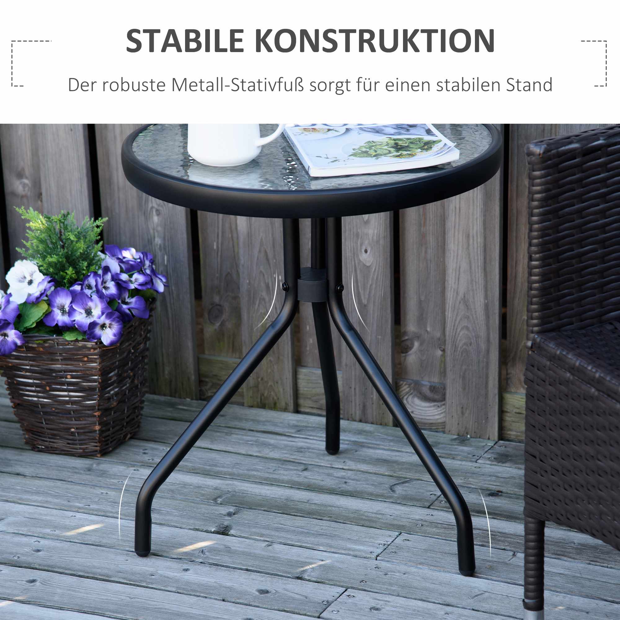 Sidobord för utomhusbruk, rund glasskiva, metallram, Ø50x55 cm