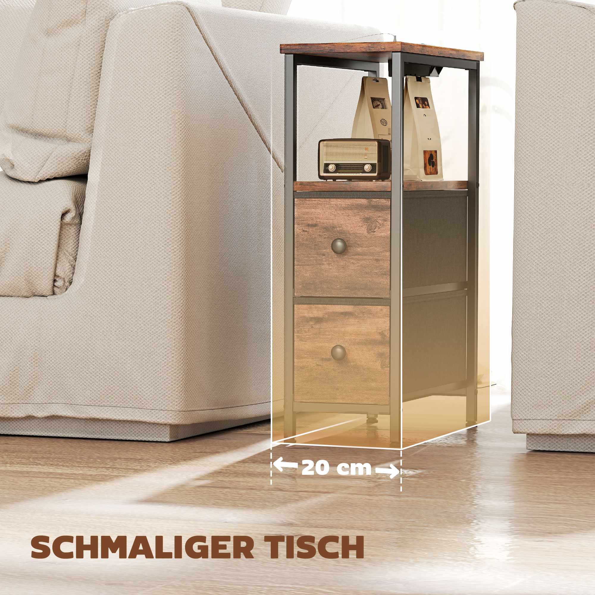 Sidobord med laddningsstation, stålram, 2 tyglådor