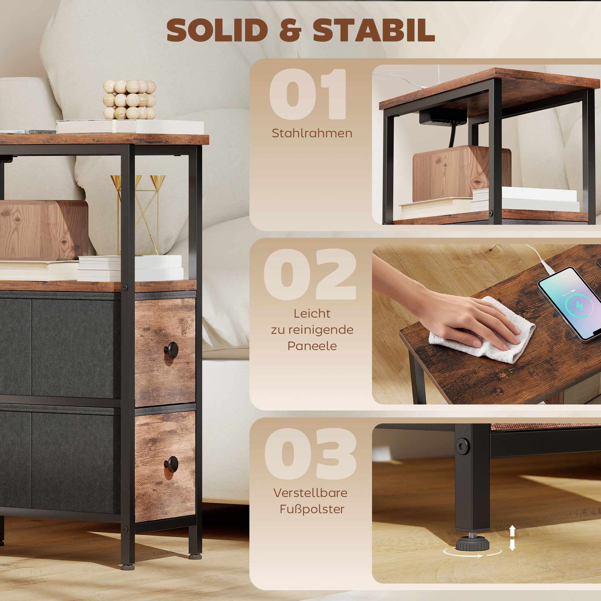 Sidobord med laddningsstation, stålram, 2 tyglådor