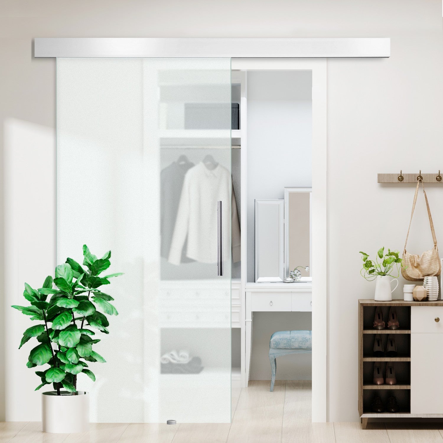 Skjutdörr i glas med handtag, satinfinish, 102,5x205 Cm