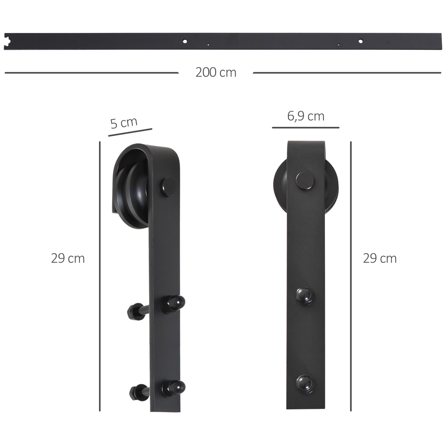 Skjutdörrsbeslag Set – 200cm Kolstål Svart
