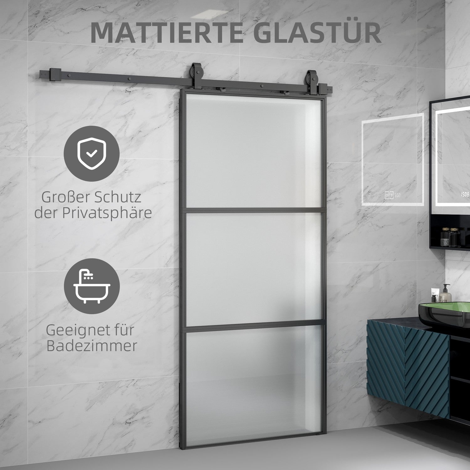 Skjutdörrssats med frostat glas, soft-Close, svart stål
