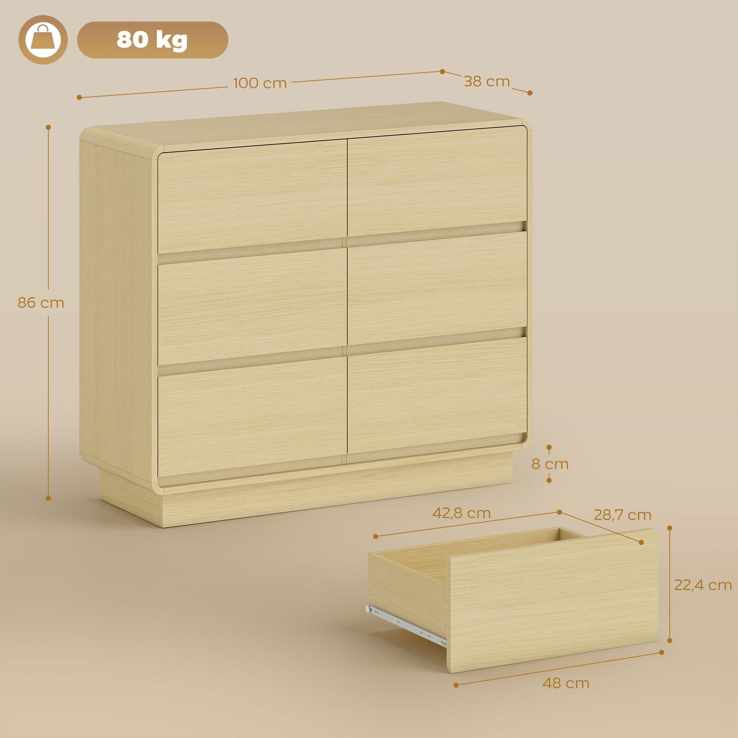 Skänk med 6 lådor, 100 cm, naturträfinish