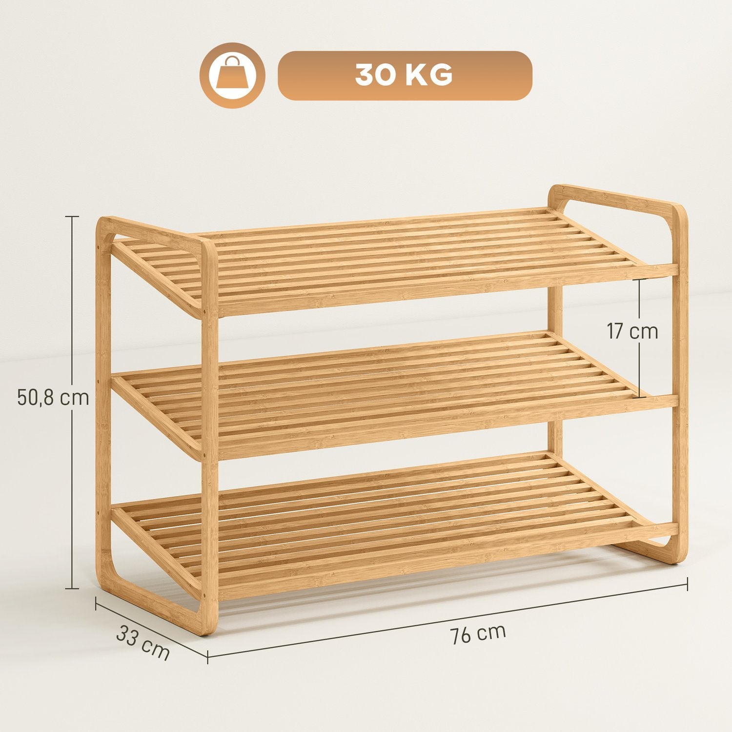 Skoställ i bambu, 3-vånings, 30 kg kapacitet, naturligt trä