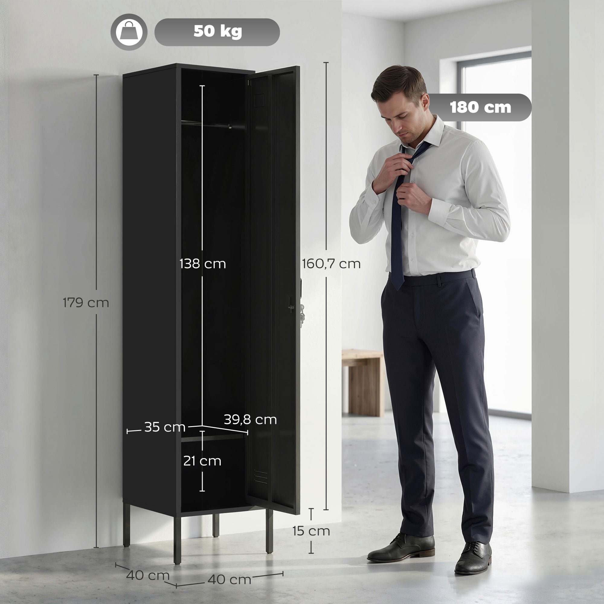 Skåp i stål med lås, ventilation, svart, 179H cm
