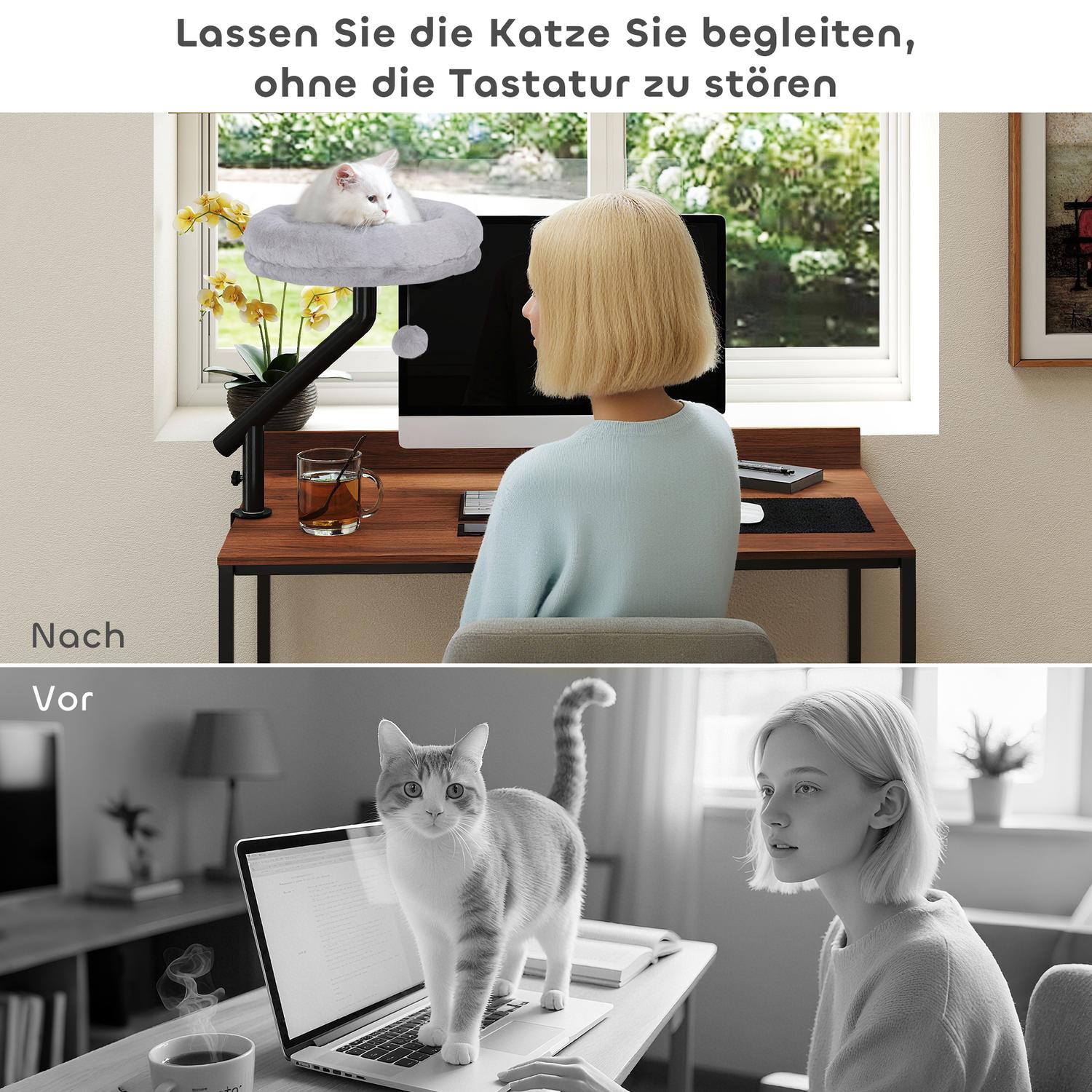 Skrivbordsbädd för katt med 360 graders rotation, justerbar höjd, grå