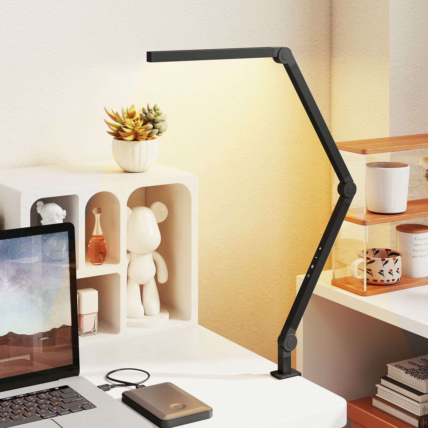Skrivbordslampa, Justerbar ljusstyrka och färg, Metallklämma
