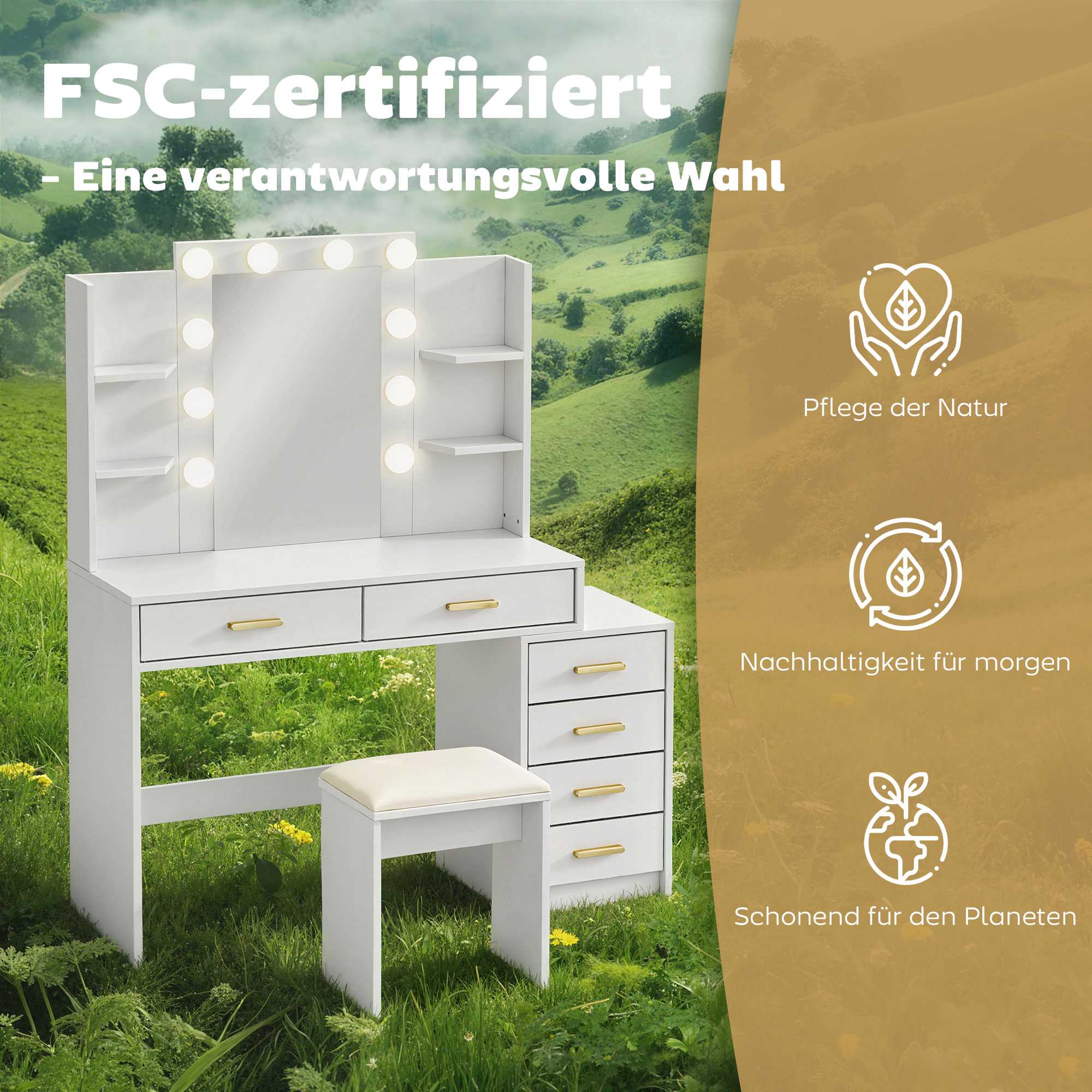Sminkbord med LED-spegel och stoppad pall, vit