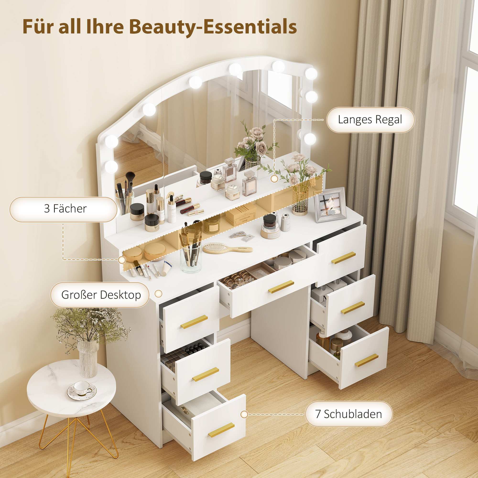 Sminkbord med spegel, 10 LED-lampor, 7 lådor, vit MDF