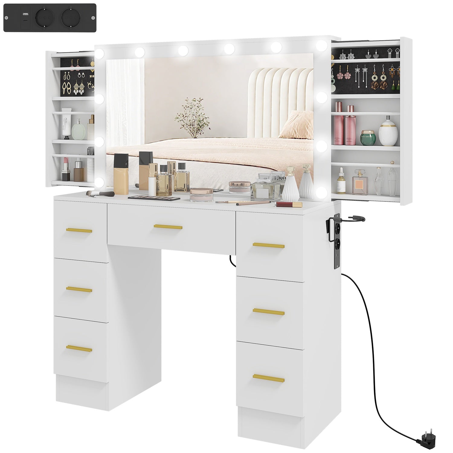 Sminkbord med spegel, 12 LED-lampor, 7 lådor, vit