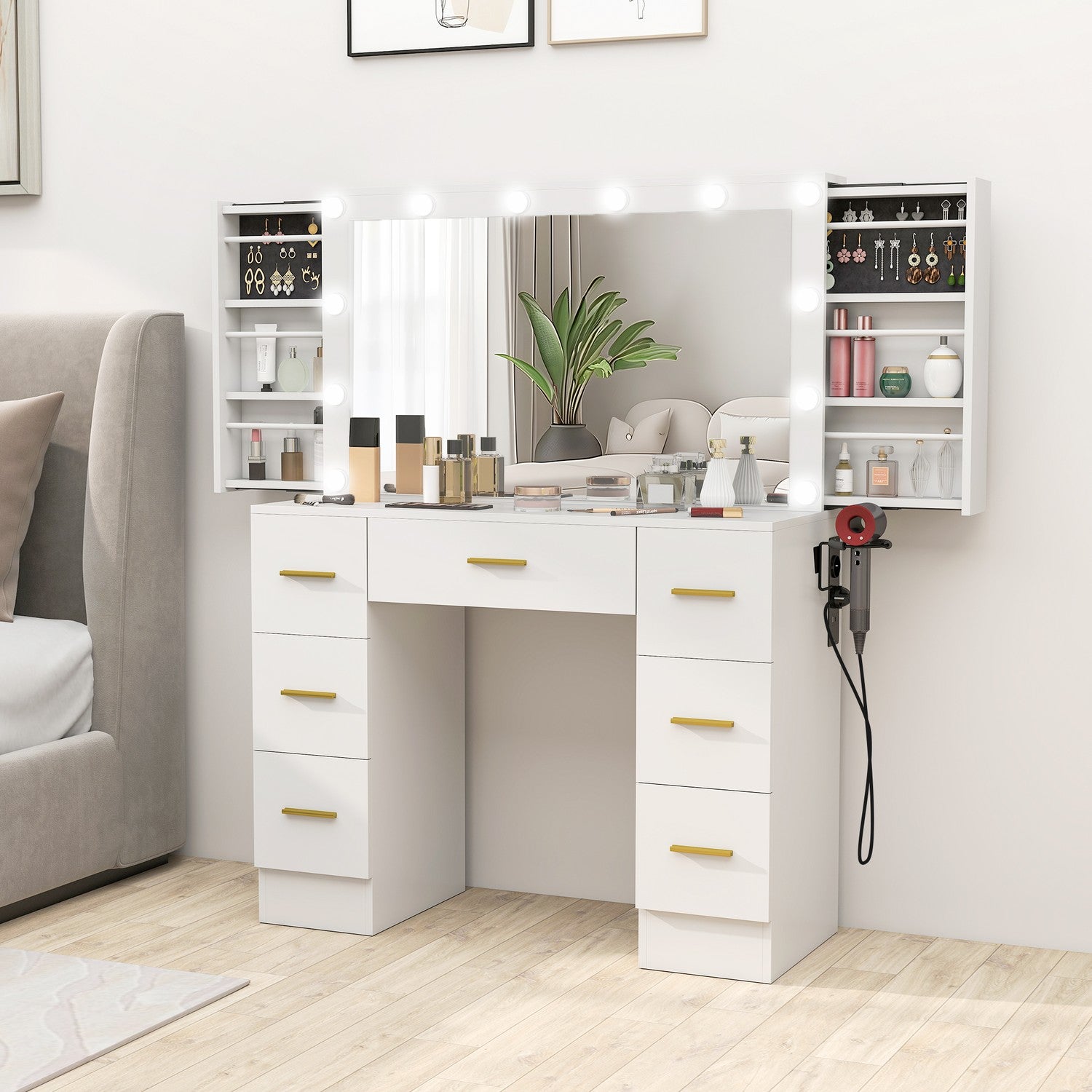 Sminkbord med spegel, 12 LED-lampor, 7 lådor, vit