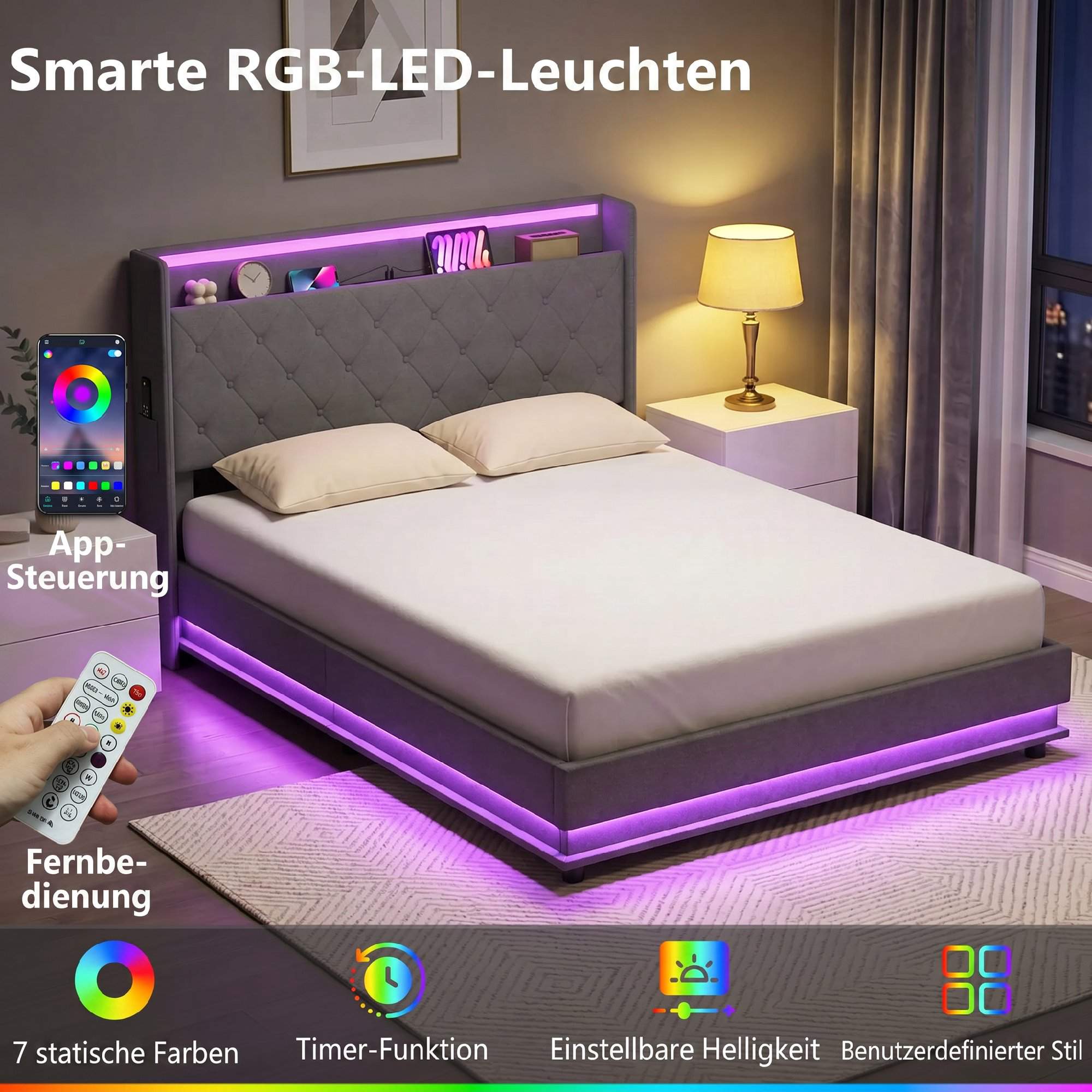 Sängram plattform 140x200 cm med förvaring och LED-lampor