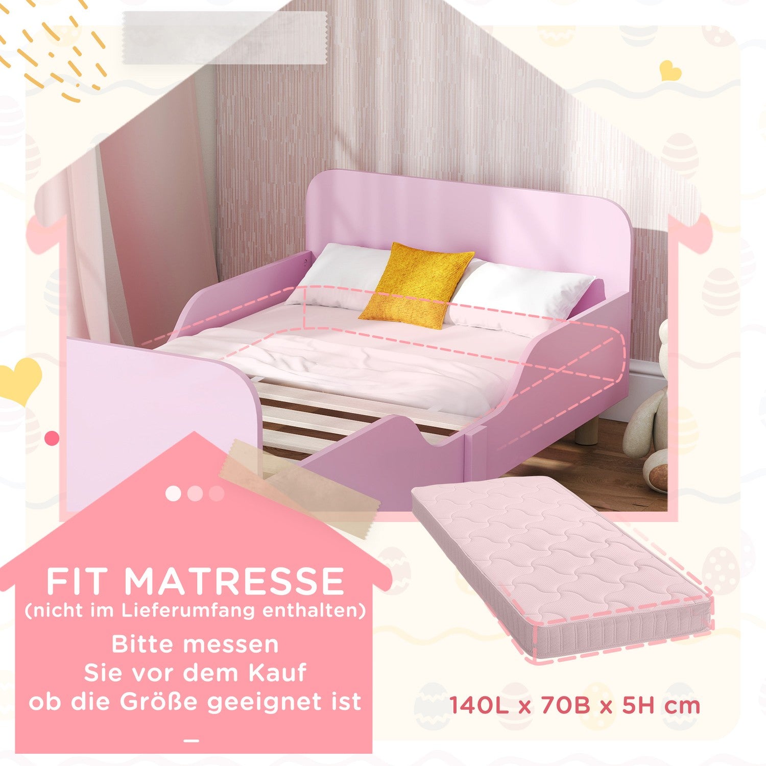 Sängstomme för småbarn med skyddsräcke, rosa MDF, 3-8 år