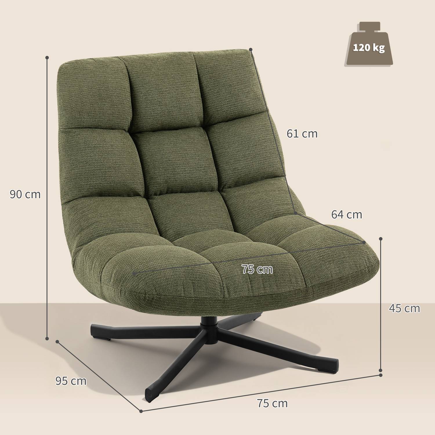 Snurrfåtölj, bred sits, vattenavvisande chenille, grön