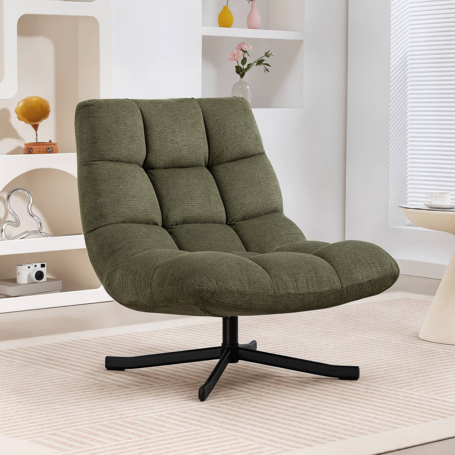 Snurrfåtölj, bred sits, vattenavvisande chenille, grön