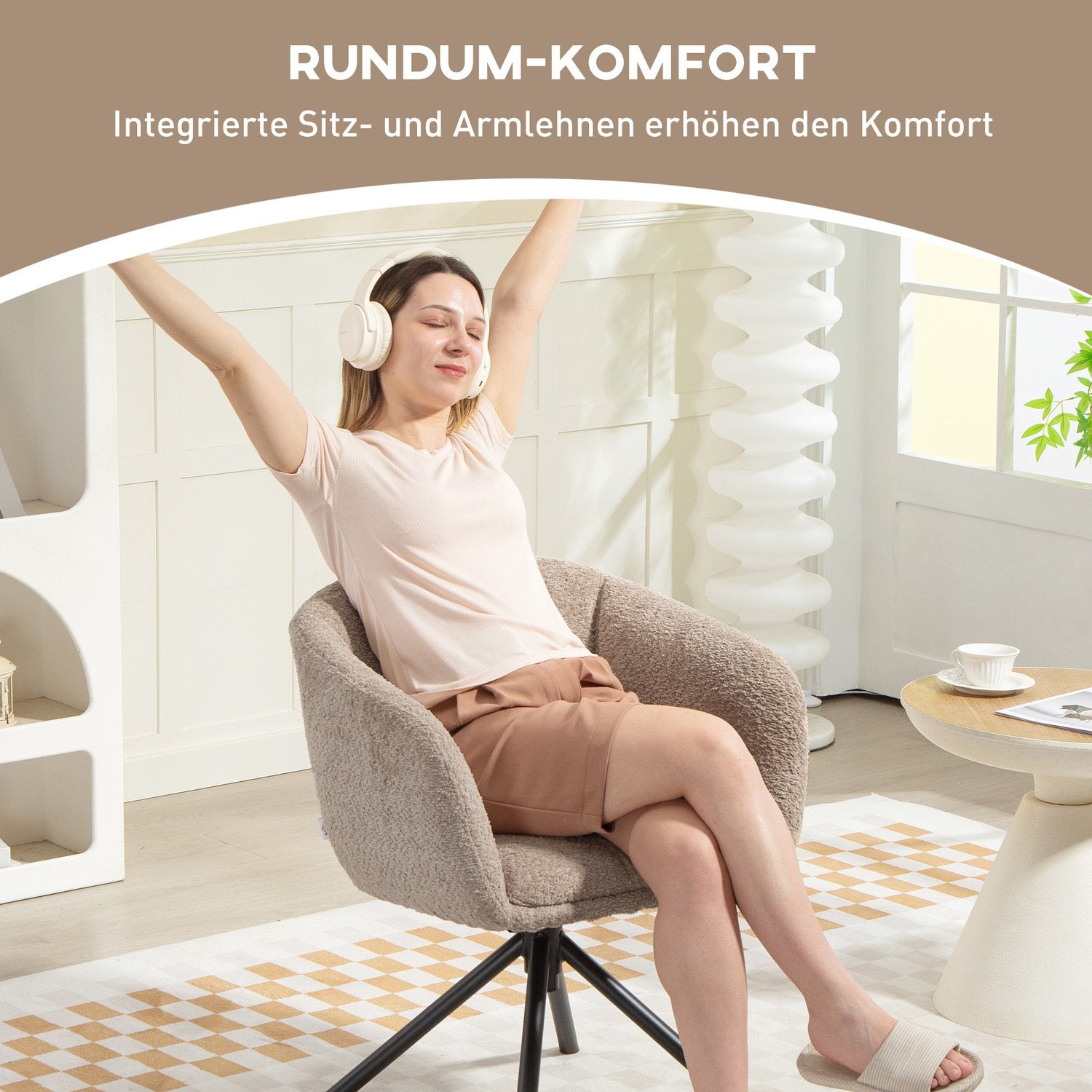 Snurrfåtölj, mysig klädsel, ljusbrun, 120 kg kapacitet