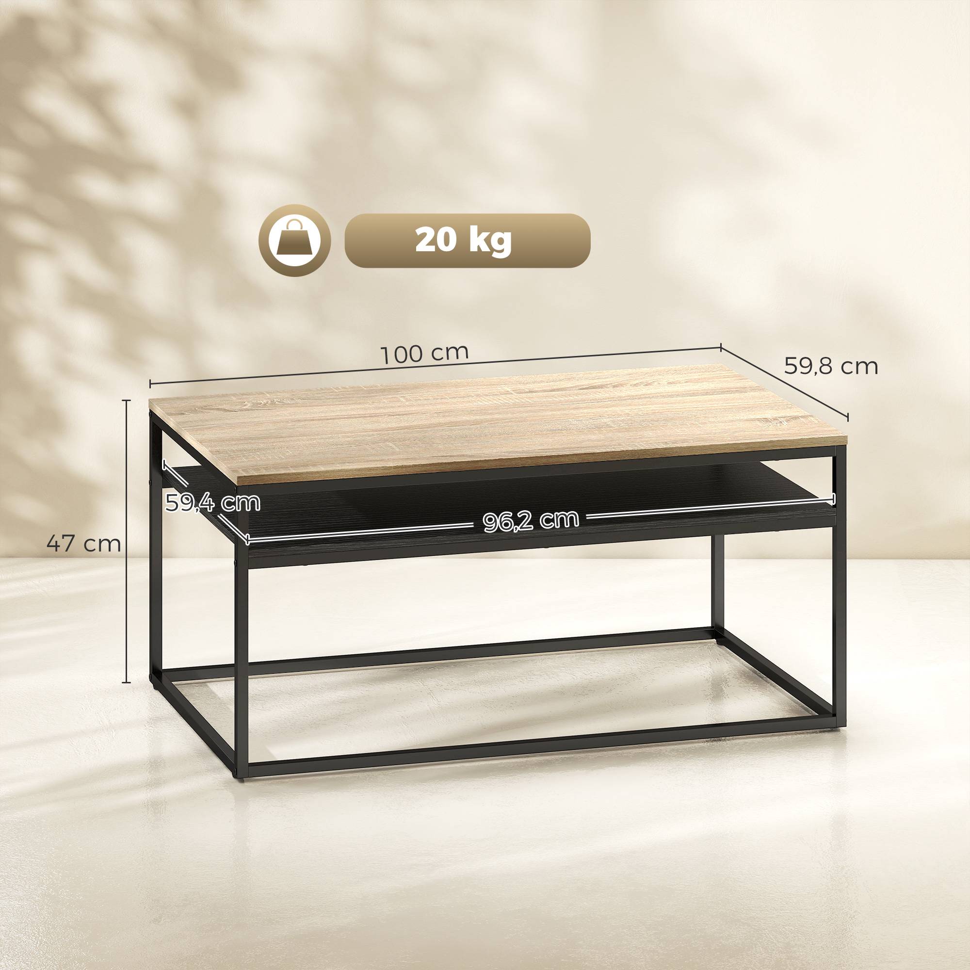 Soffbord med hyllplan, eklook och svart, 100 cm