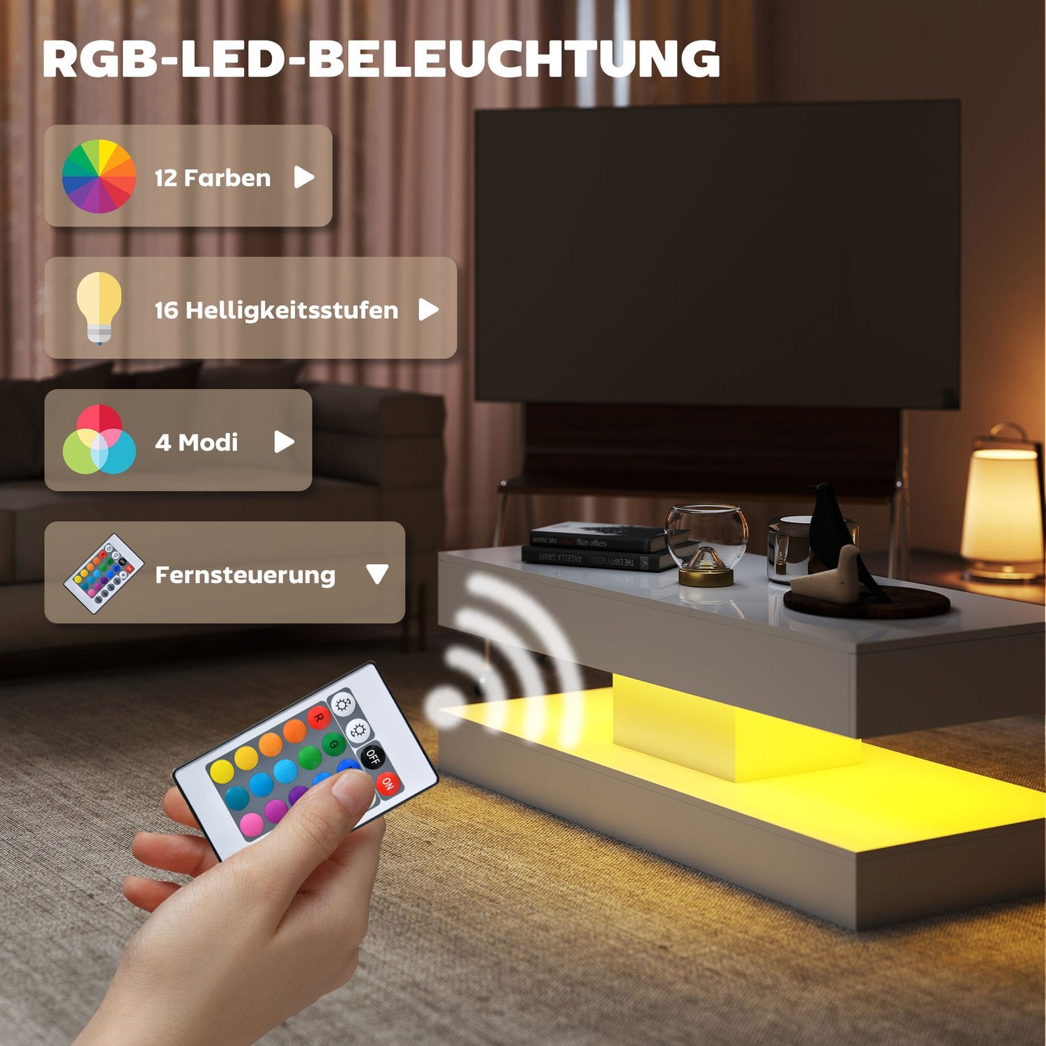 Soffbord med lådor och LED-lampor, vit MDF