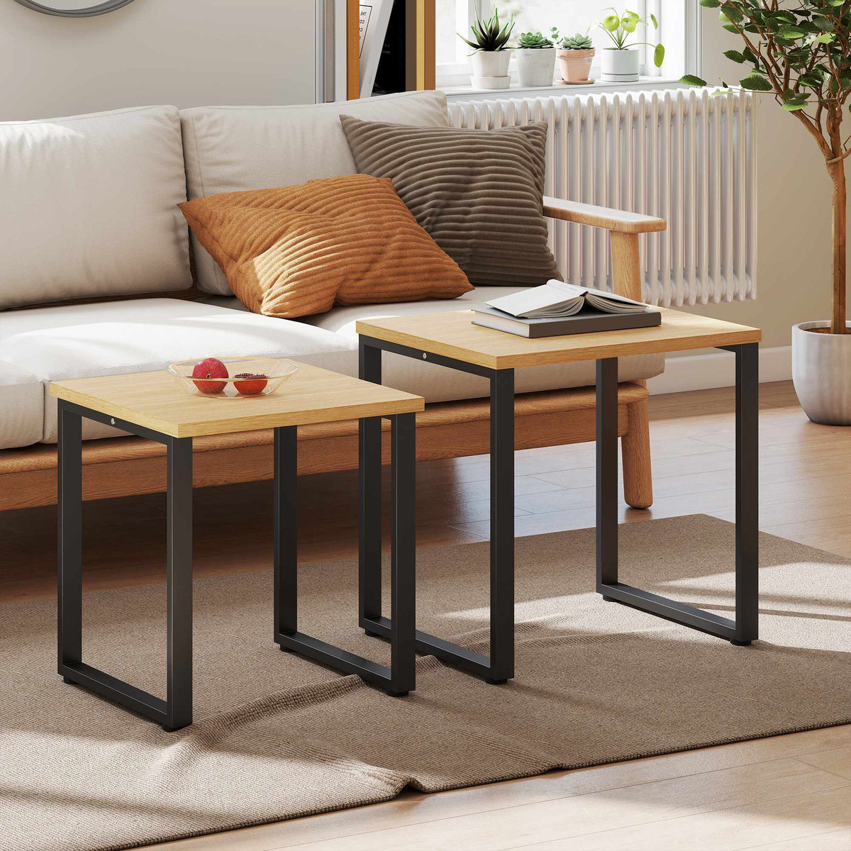 Soffbordsset om 2, träliknande, metallram, stapelbar design