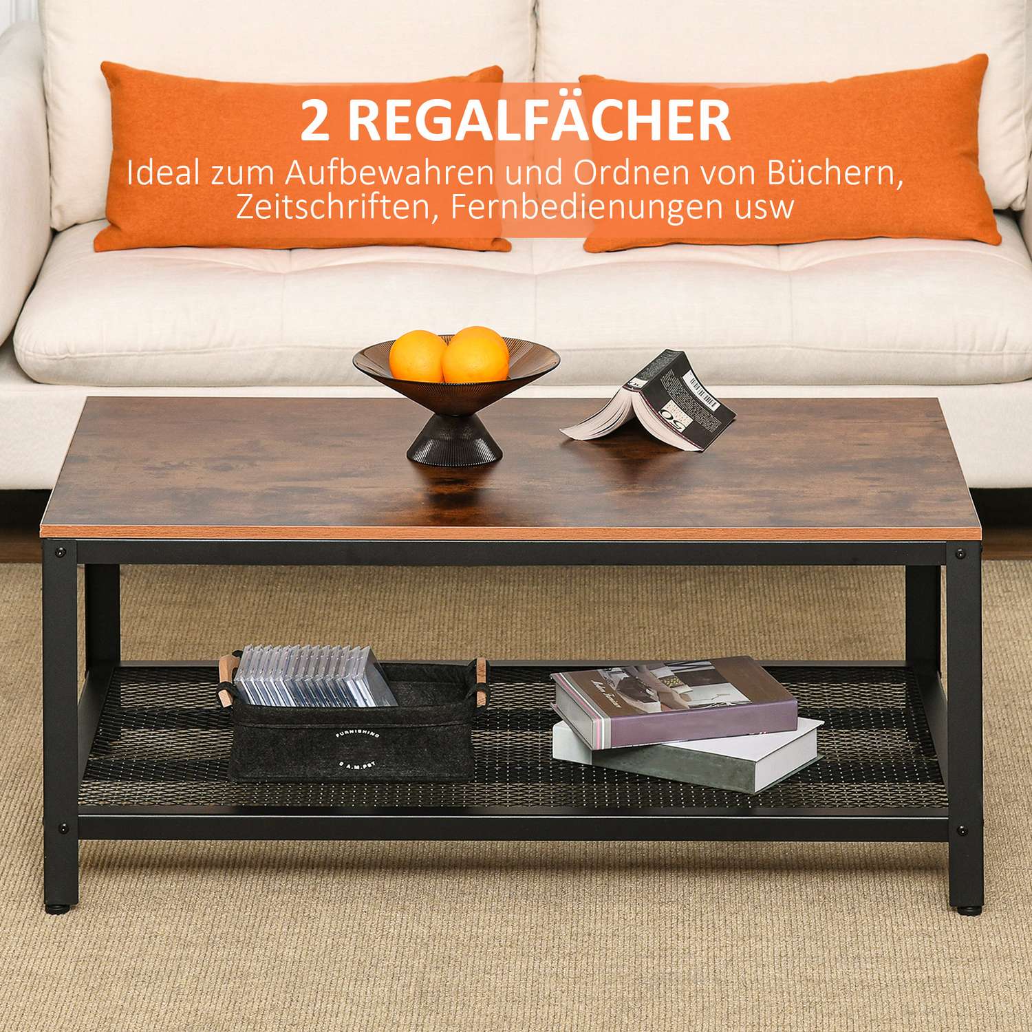 Soffbord svart valnöt metallram med förvaring – 106x60x45cm