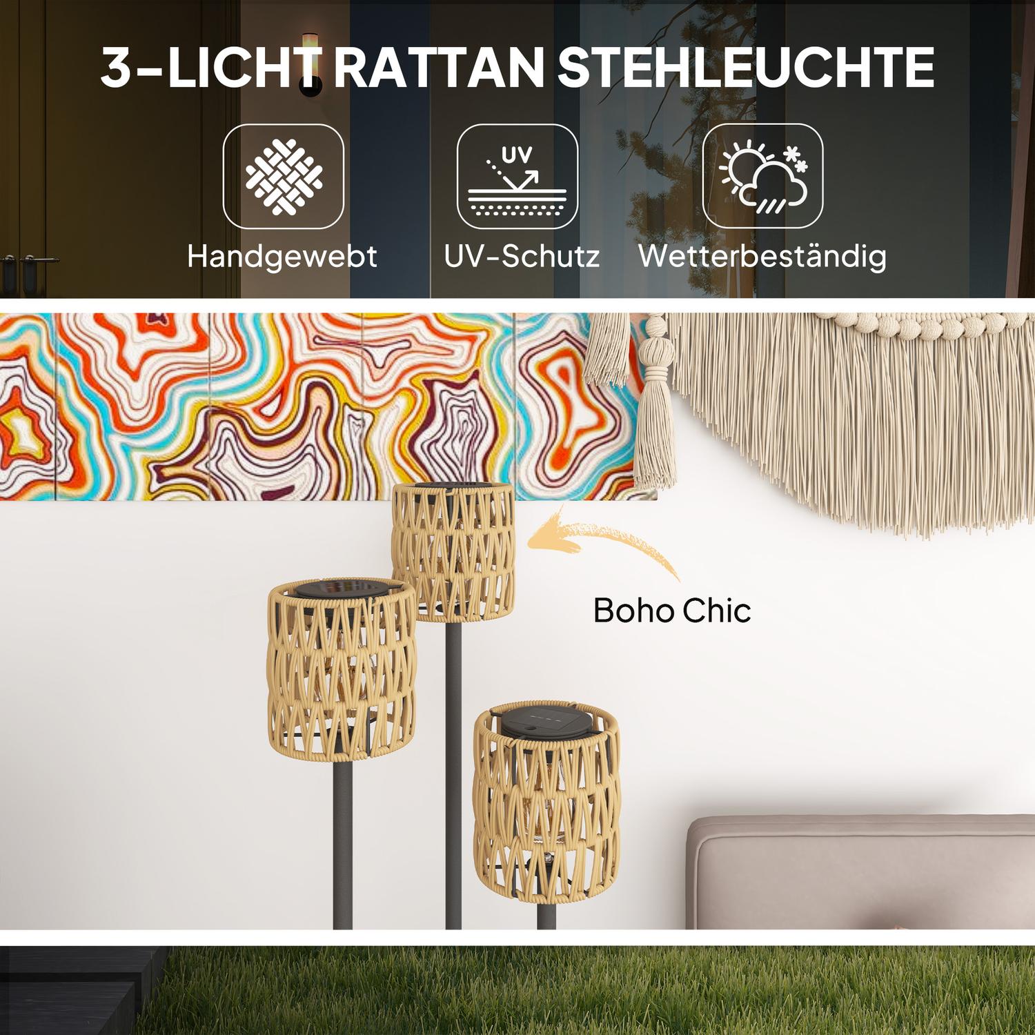 Solar golvlampa, rotting, Boho Style, utomhus, IP44 vattentät