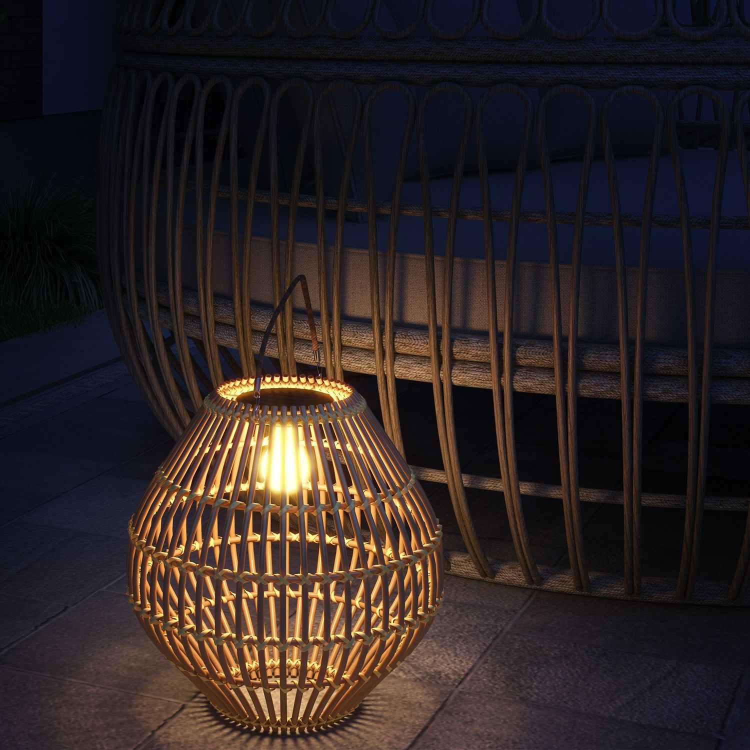 Solarlampa, design av rottingtrumma, vattentät, ljussensor