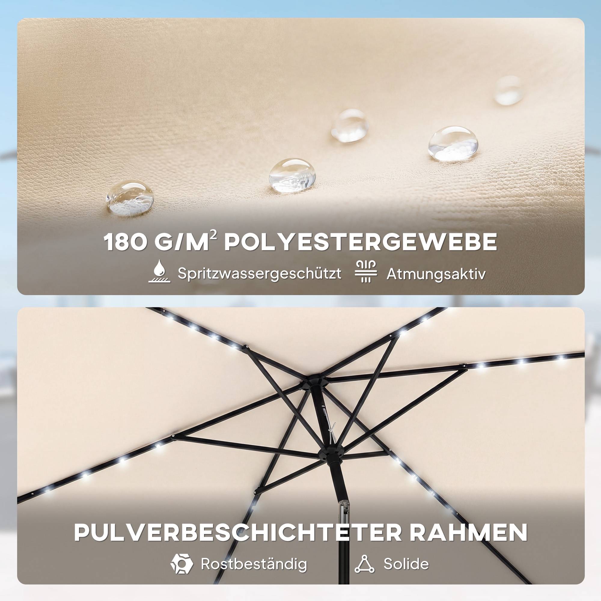 Solcellsdrivet LED-parasoll, krämfärgad, UPF 30+, lutnings- och vevfunktion