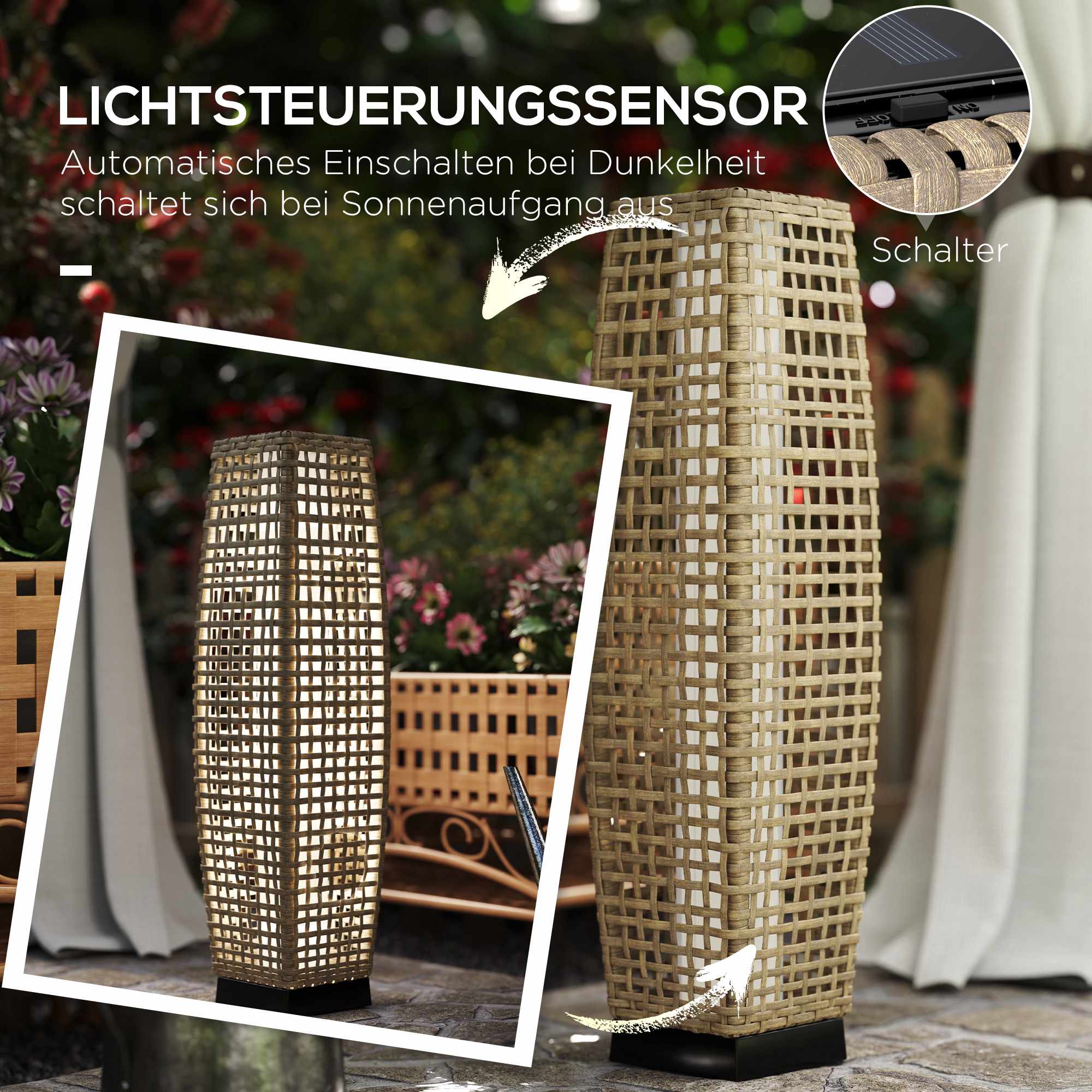 Solcellslykta med LED, rottingdesign, automatisk på/av