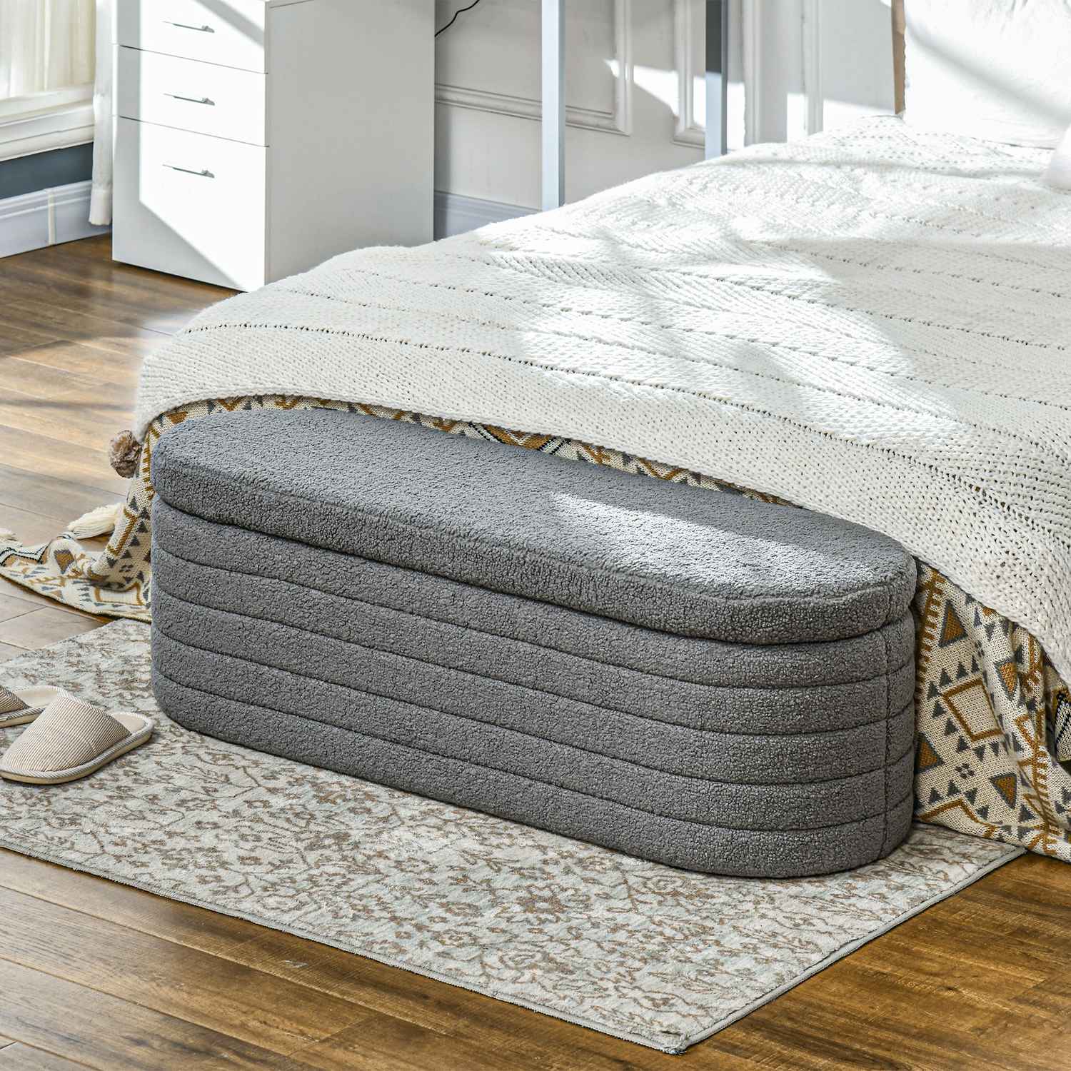 Sovrumsbänk med förvaring, träben, teddyfleece, ljusgrå