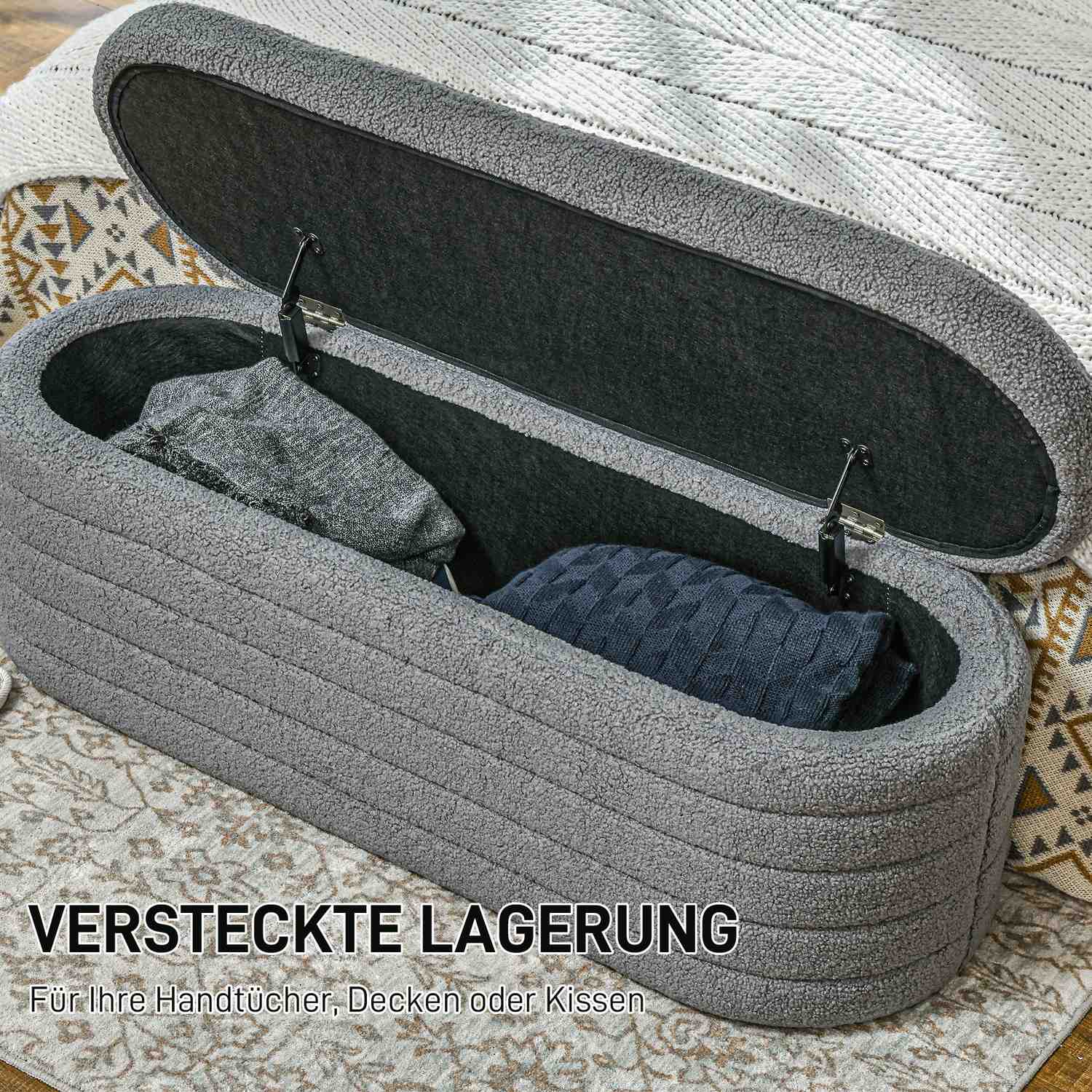 Sovrumsbänk med förvaring, träben, teddyfleece, ljusgrå