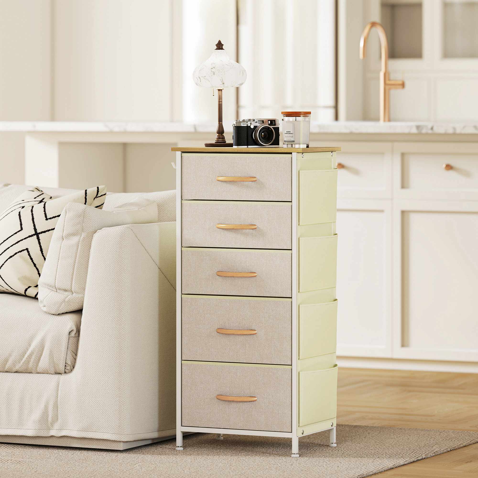 Sovrumsbyrå med 5 tyglådor, stålram, beige